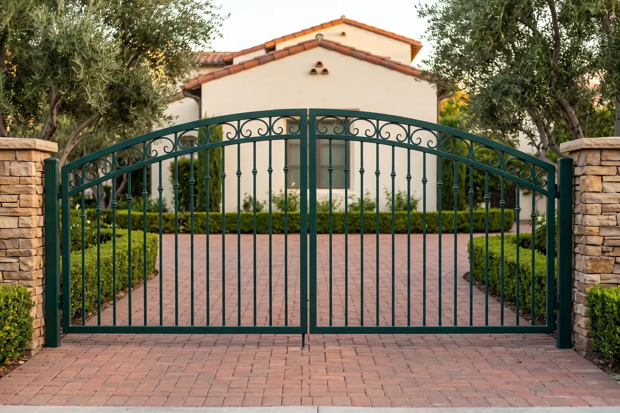 A deep forest green wrought iron double driveway gate with an arched top rail