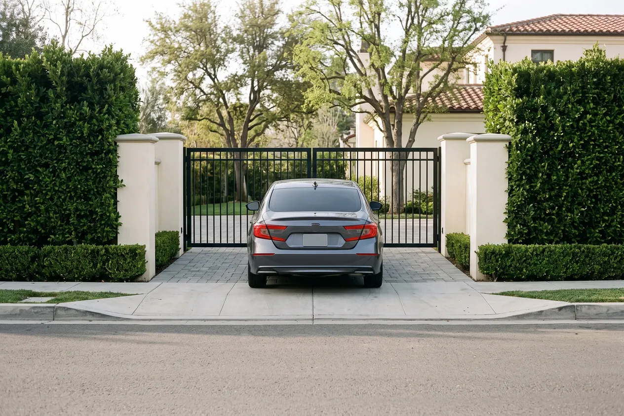 A car waiting on a driveway apron in front of a closed gate that sits well back from the street
