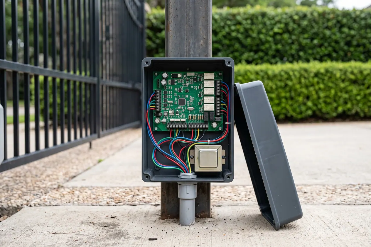 A gate operator control box with its cover off showing a circuit board and neat wiring