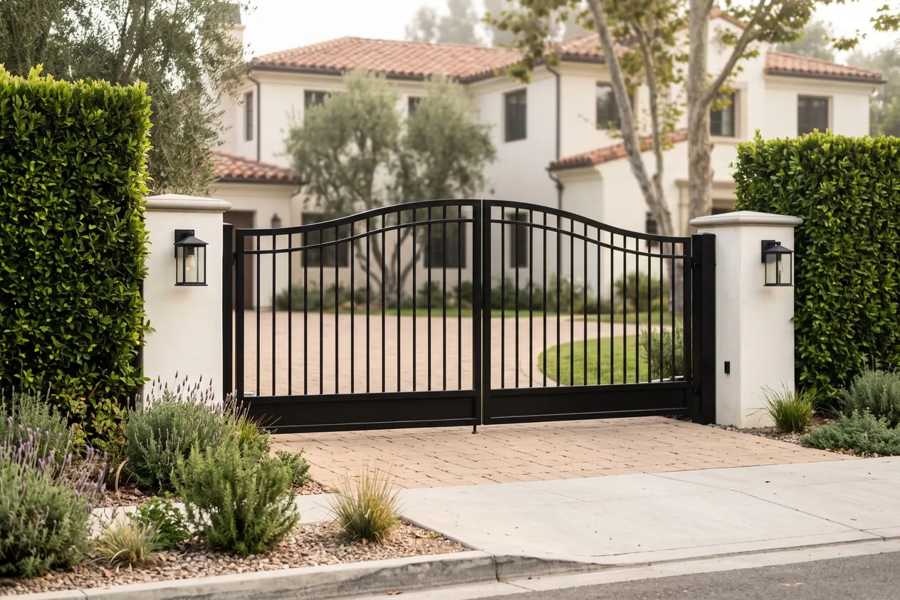 A closed black iron double swing driveway gate between cream stucco pillars