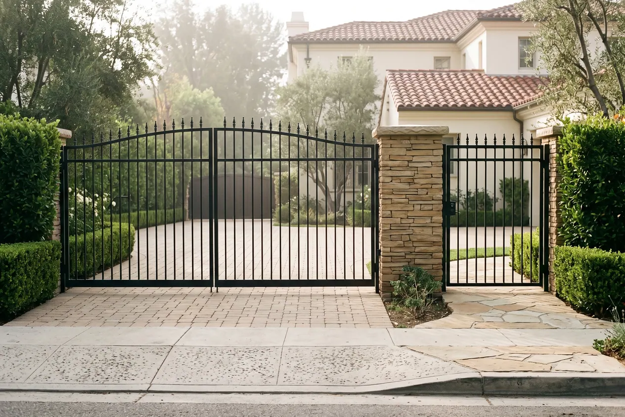 A black iron driveway gate with a matching walk gate beside it on a stone pillar