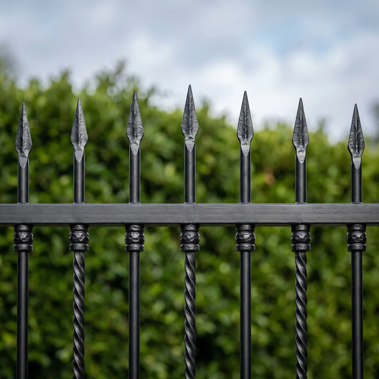 Close view of forged iron collars, twisted bars and spear finials in satin black
