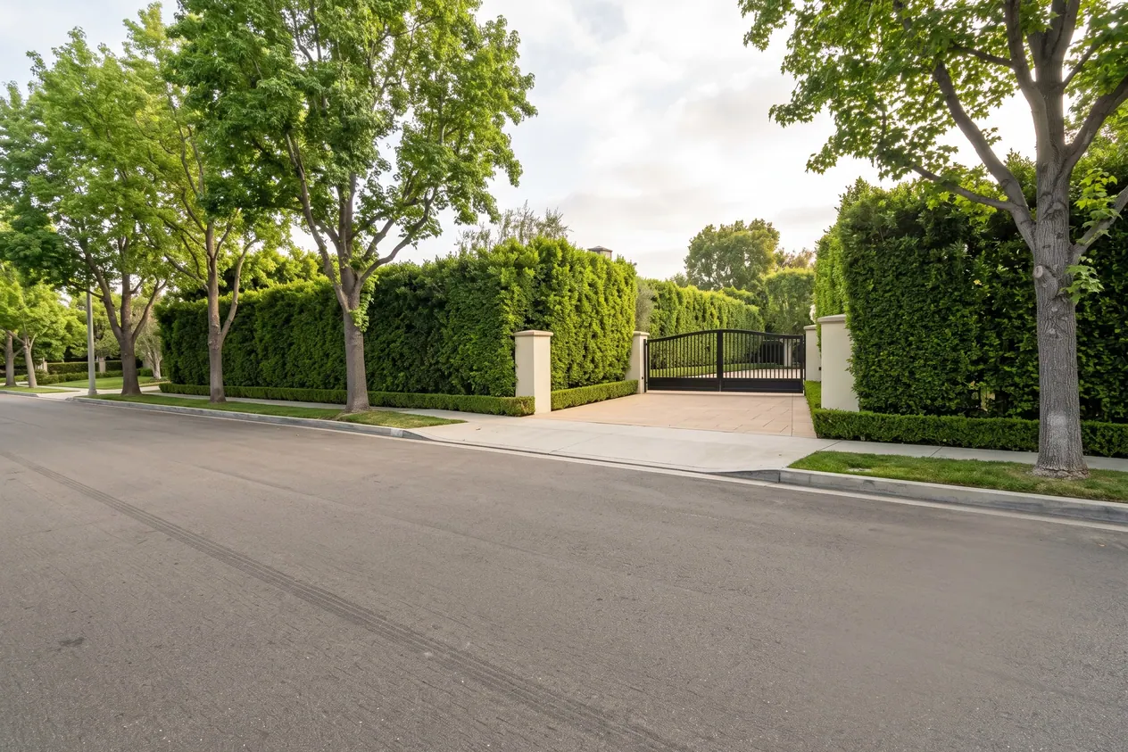 A driveway gate set far back from a wide street with a long paved apron in front