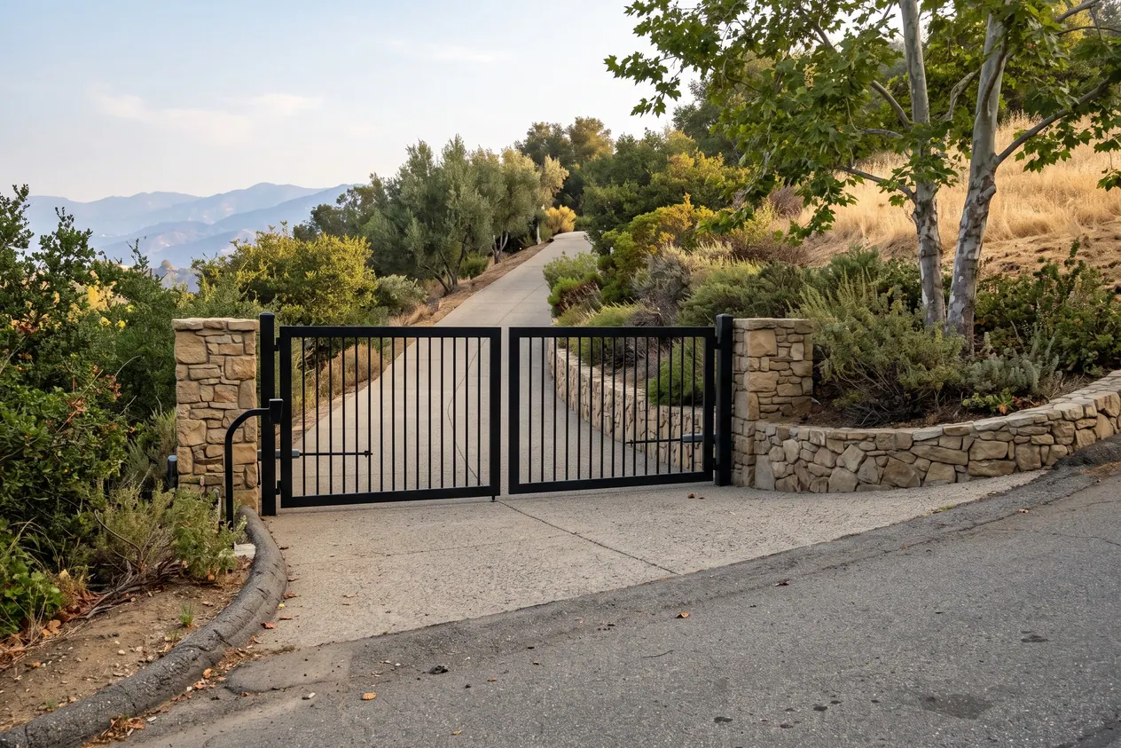 A black iron gate between natural stone pilasters at the top of a curving hillside driveway
