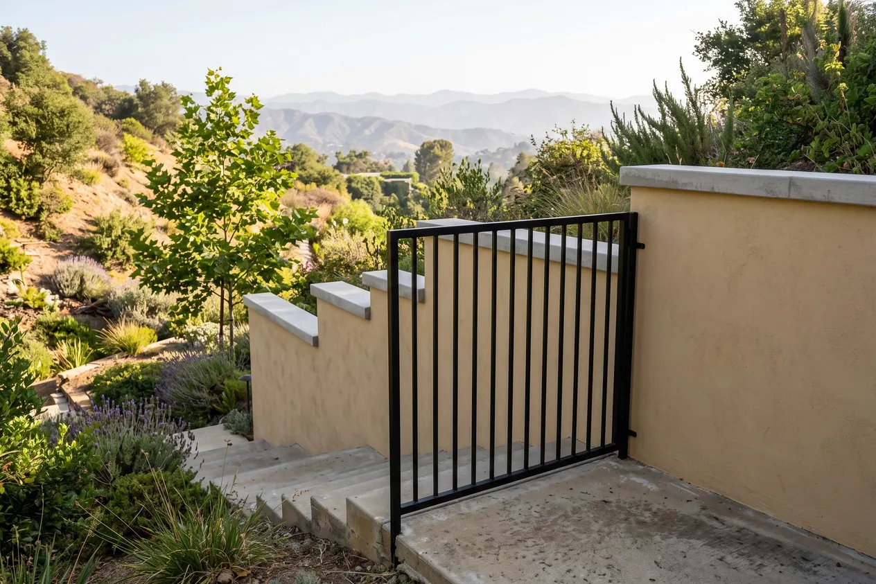 A steel side gate in a textured plaster wall on a sloping hillside lot