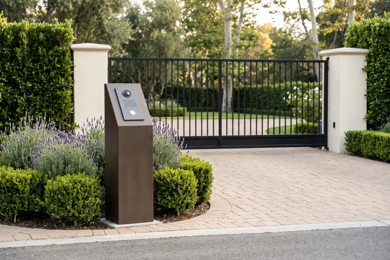 A plain intercom panel with a small camera lens on a dark pedestal beside a driveway
