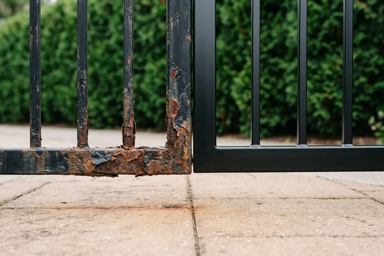 The same iron gate rail shown rusted on the left and refinished in black on the right