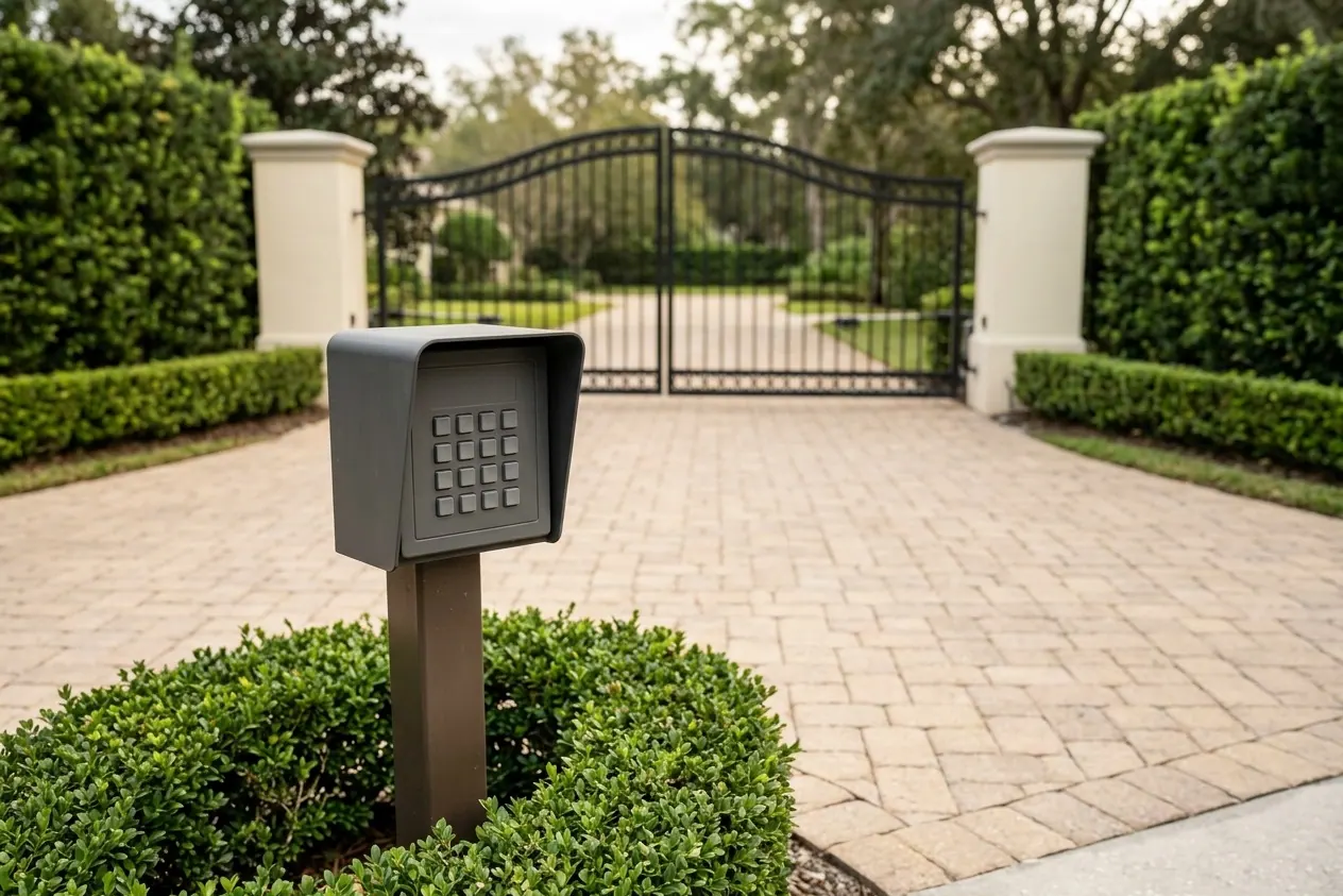 A plain keypad on a short dark post beside a driveway, within reach of a car window