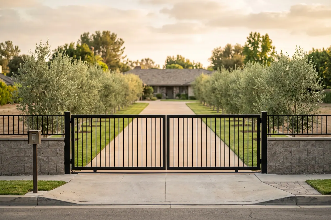 A wide black steel gate across the start of a long driveway on a large lot