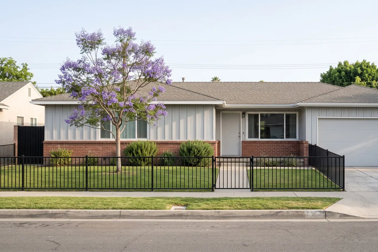 A low black iron fence and walk gate across the front of a single story ranch house