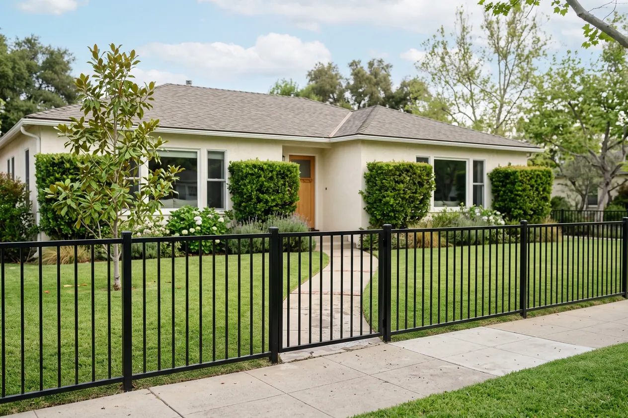 A waist high black iron front fence with a matching walk gate across a front lawn