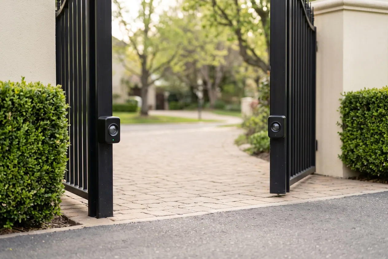 Two small safety sensors facing each other on the posts of a driveway gate