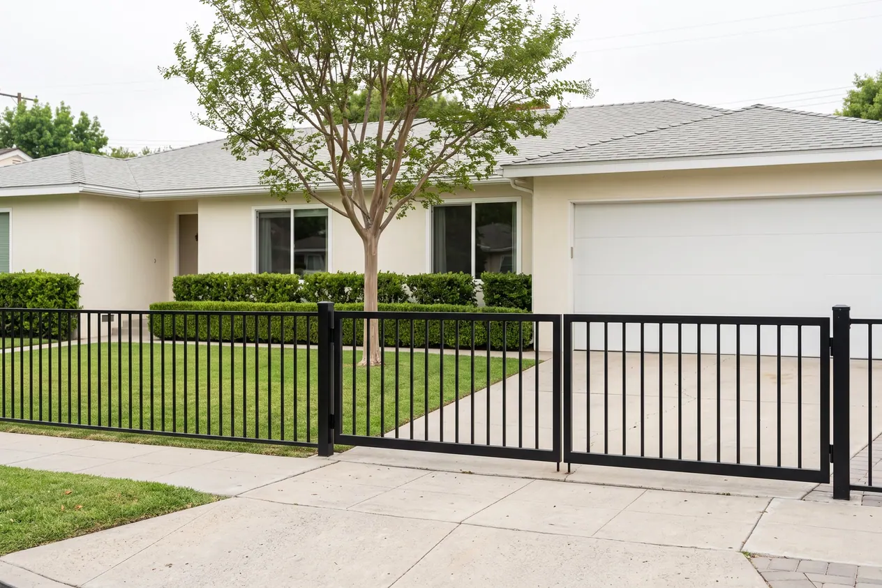 A low black steel driveway gate across a short driveway in front of a garage