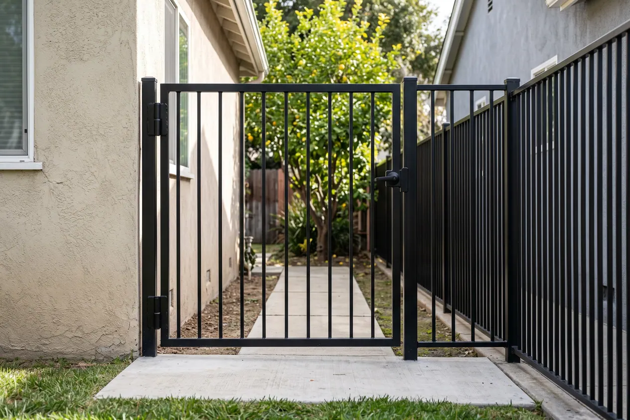 A six foot black steel side yard gate in the narrow gap between two houses