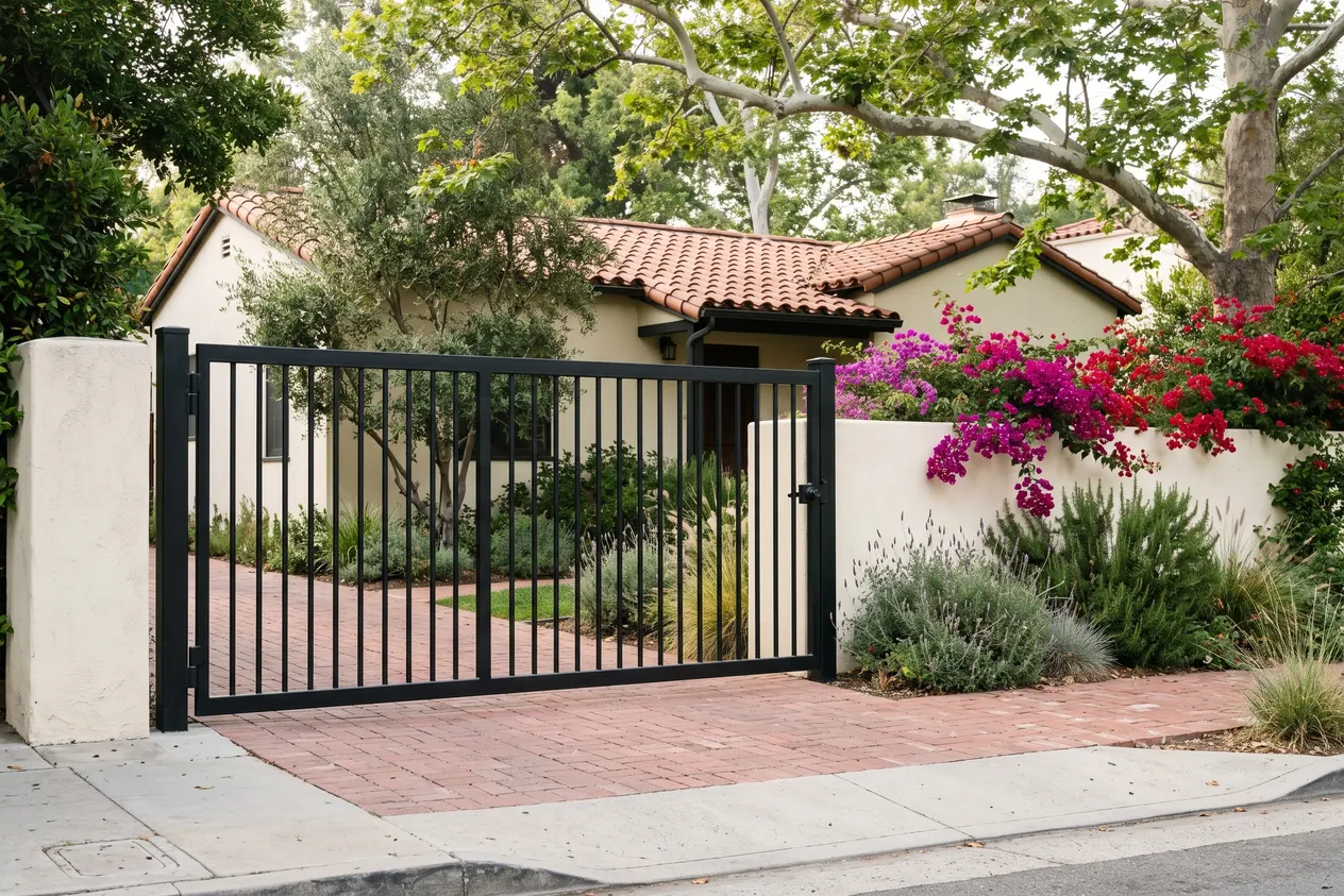 A single leaf black iron swing gate across a narrow driveway beside a garden