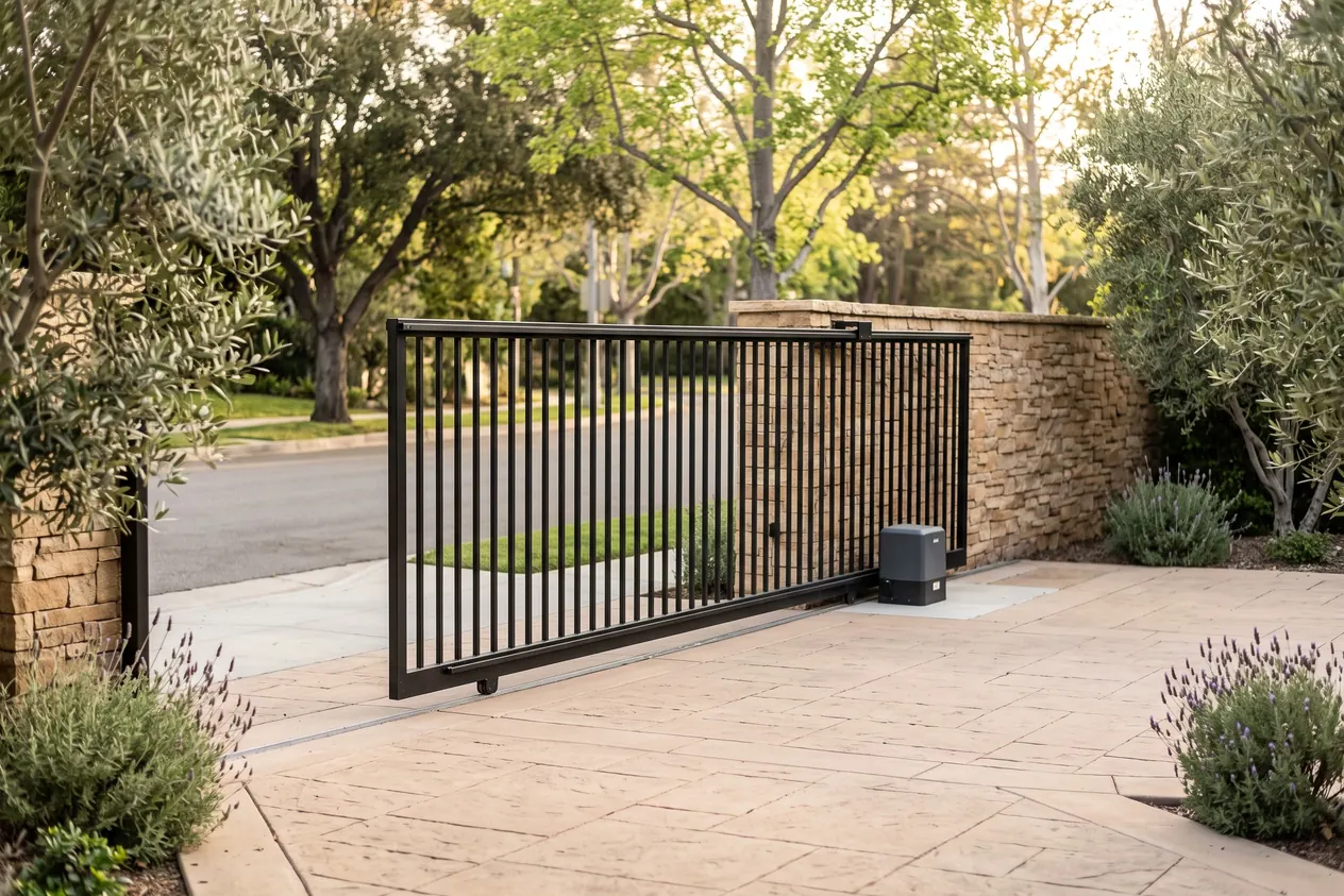 A black steel slide gate rolled open along a stacked stone wall