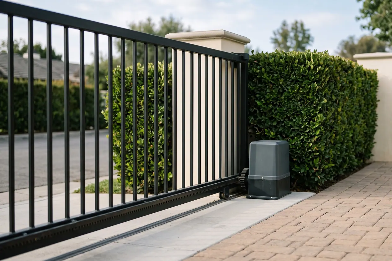A slide gate operator on a concrete pad tucked beside a clipped hedge