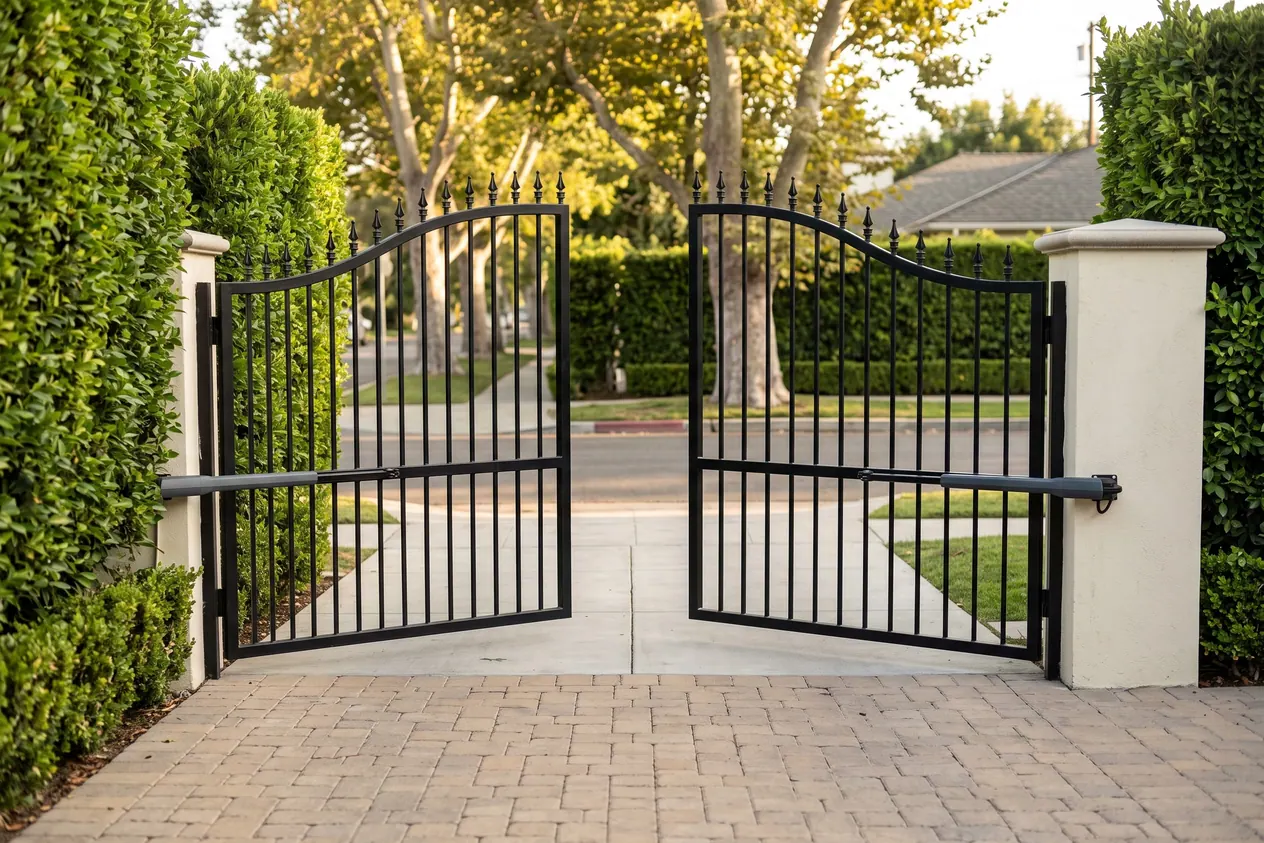 A black iron double swing gate opening inward on two operator arms
