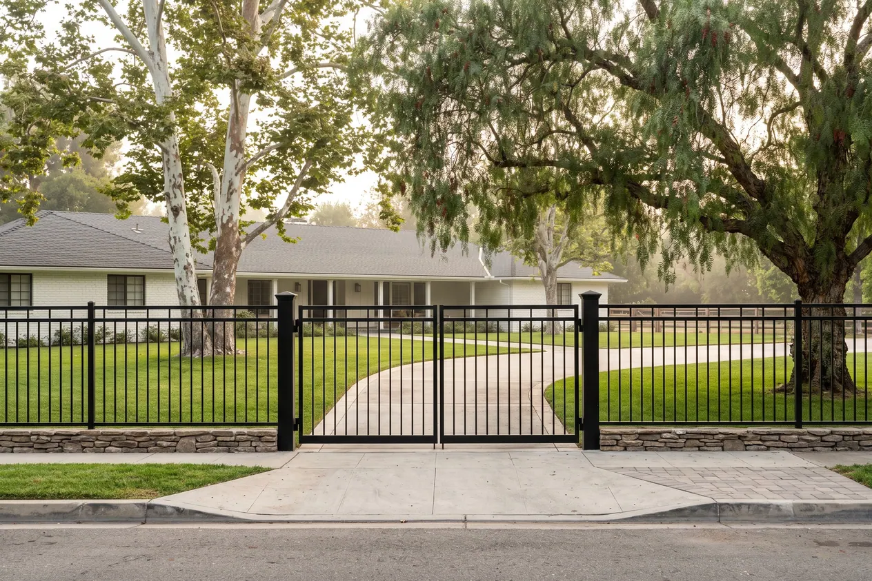 A six foot black iron fence and driveway gate across the front of a large lot with mature trees