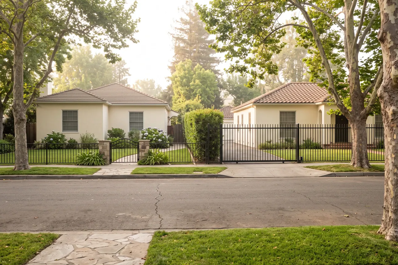 Two neighboring front yards, one with a low fence and one with a taller iron fence