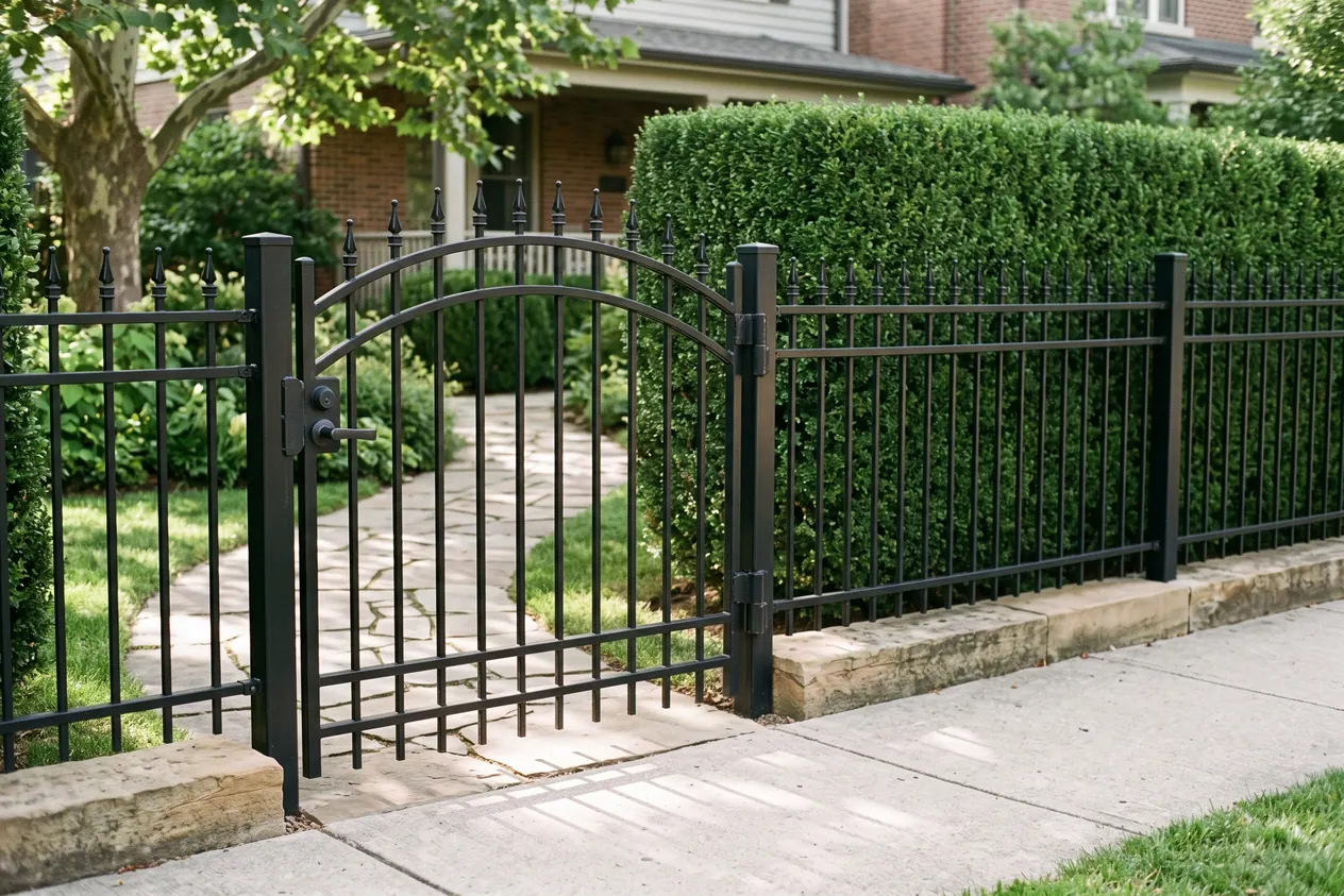 A black iron walk gate set into a tall iron fence beside a hedge